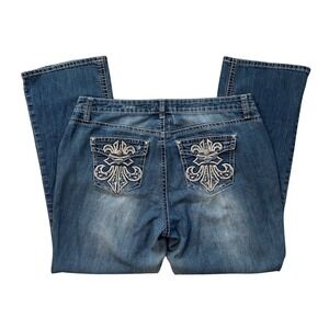 Zanadi Embellished Jeans Fleur de Lis Pockets Bootcut Denim Blue Women Plus 16